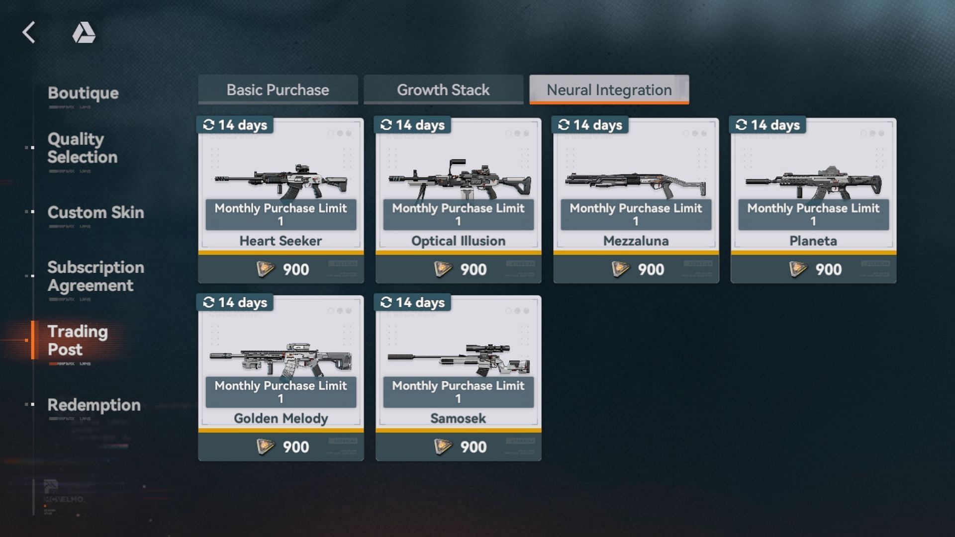 SSR rarity weapons in the Neural Integration of the title&#039;s in-game shop (Image via Sunborn)