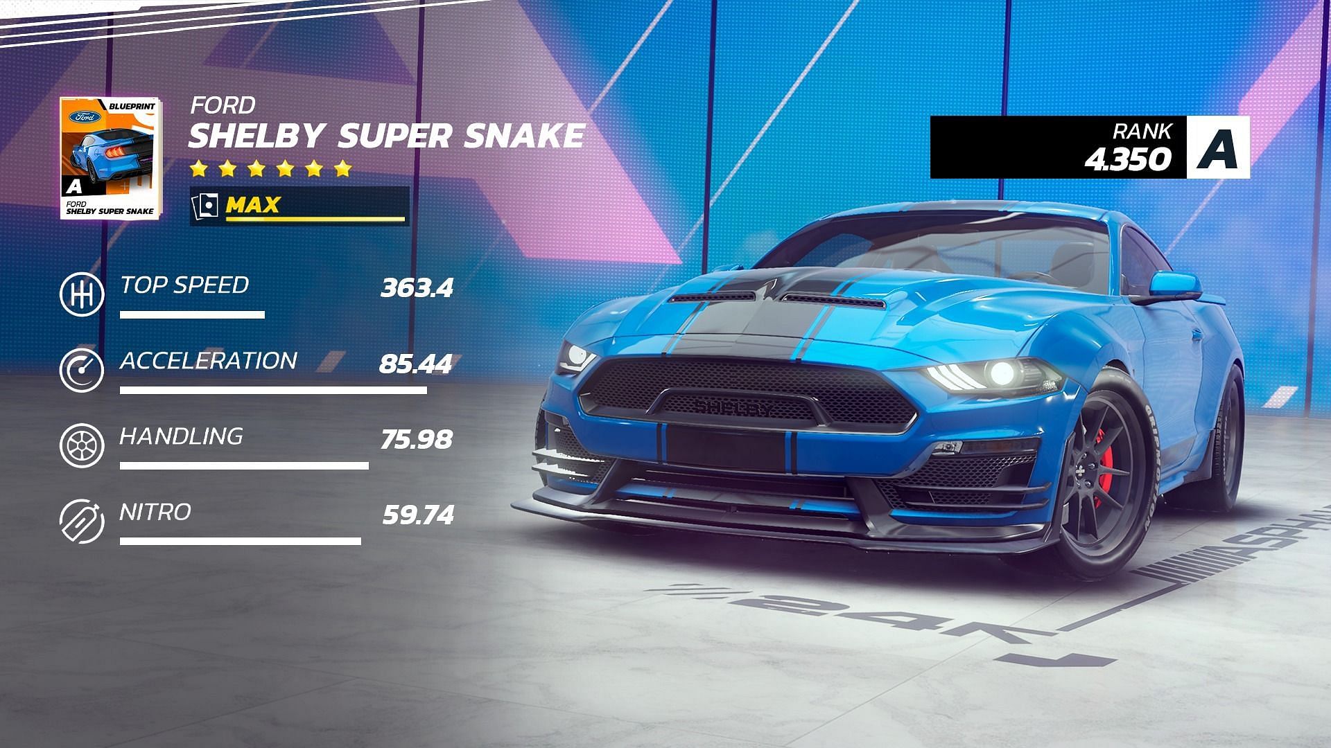 The Ford Shelby Super Snake is a Class A Asphalt Unite Festival Fury season car (Image via Gameloft SE)