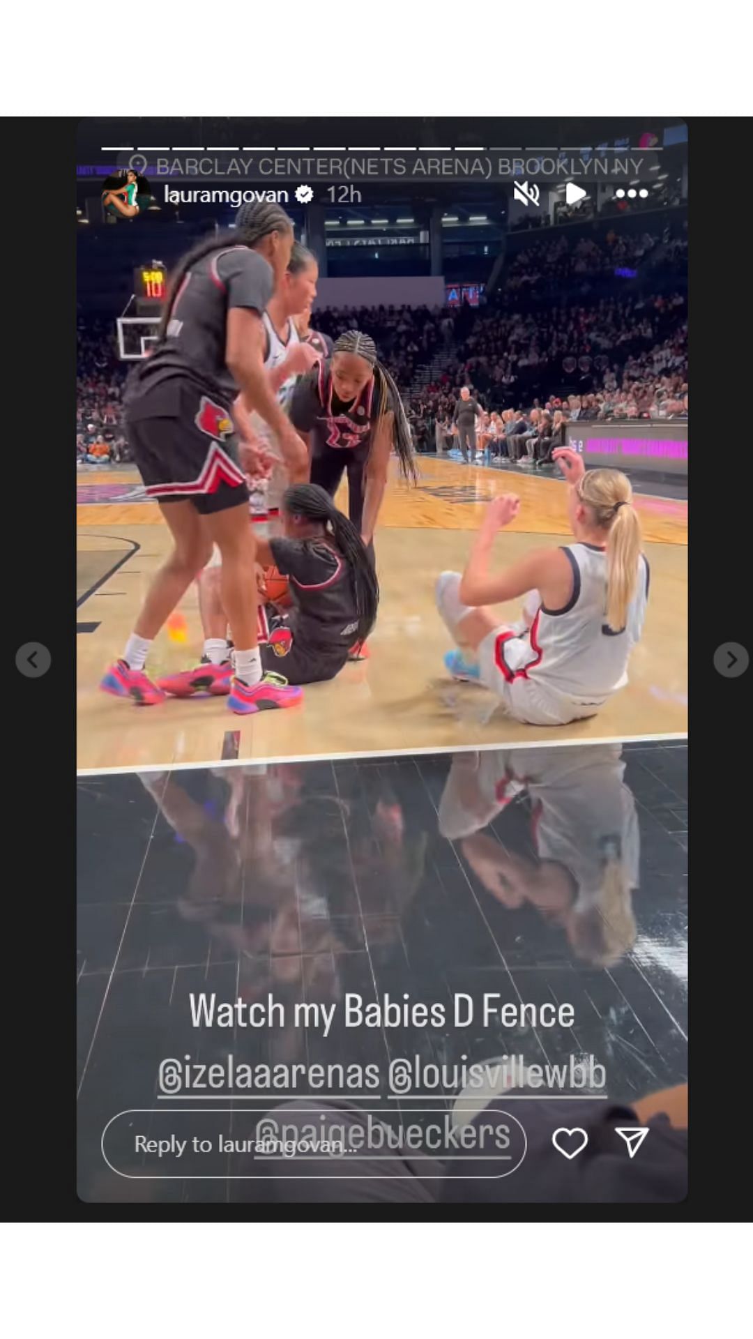 Screenshot of Izela Arenas and Paige Bueckers hustling for the ball as UConn rout Louisville 85-52 on Saturday, Dec. 7. IG image via @lauramgovan