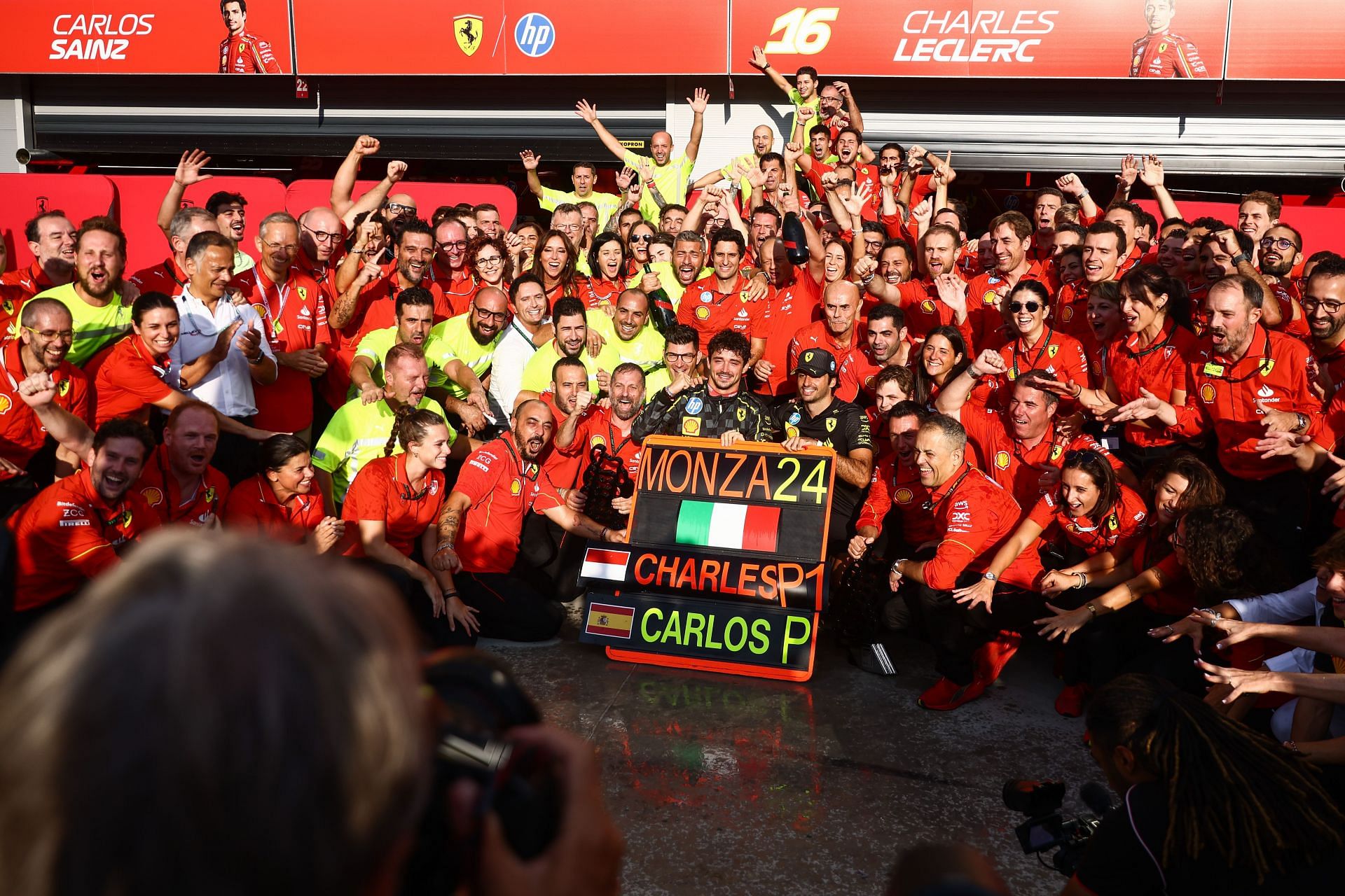 Ferrari celebrate with Leclerc after his win in the 2024 Italian Grand Prix, the team&#039;s home race. (Getty Images)