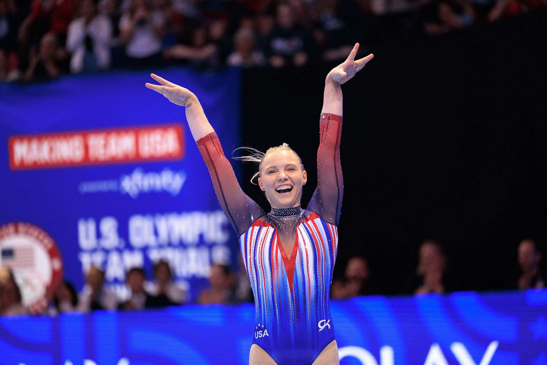 Jade Carey after competing in the floor exercises event in Minneapolis during the US Olympics Gymnastics Trials (Image via: Getty Images)