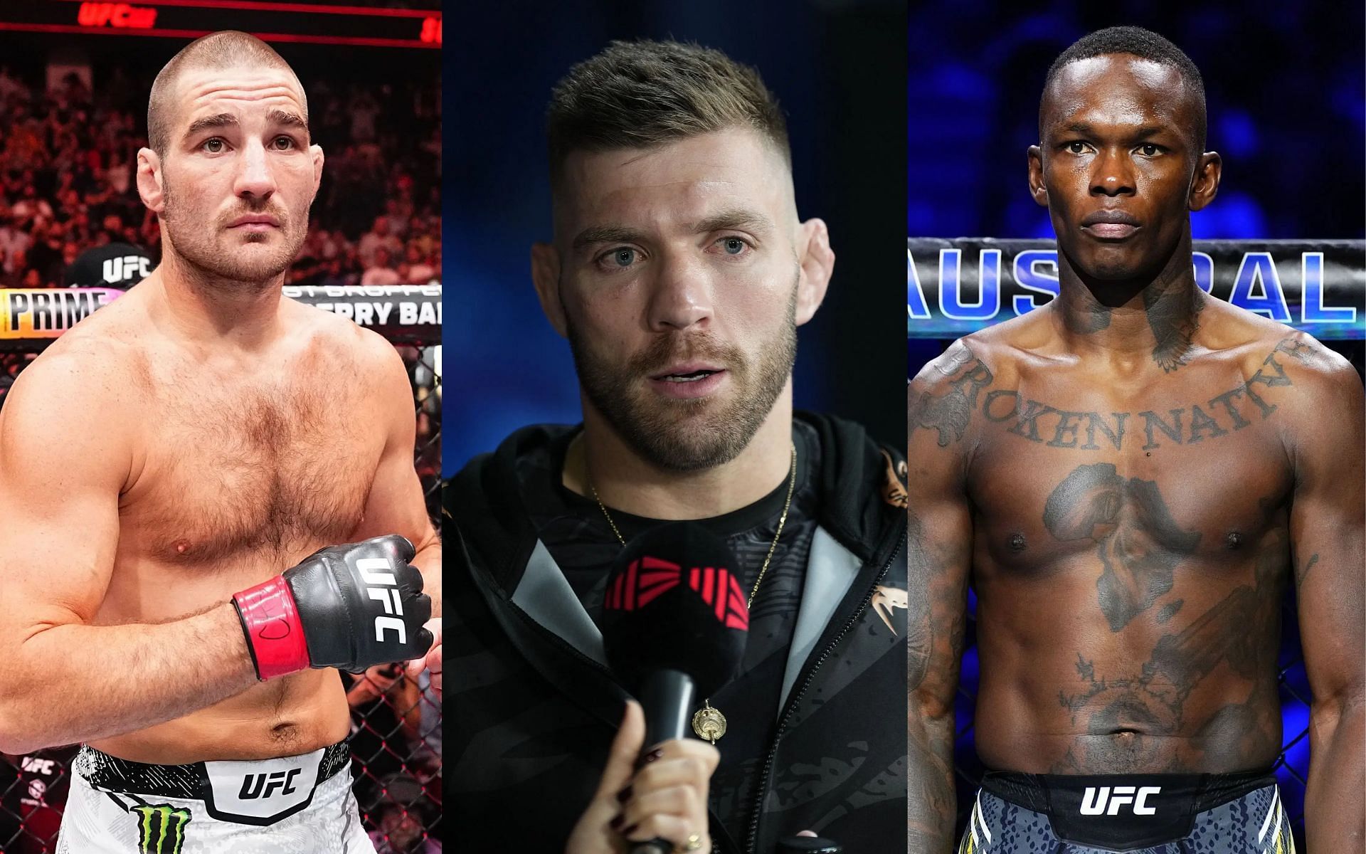 Dricus du Plessis (middle) shares reason for finding more striking success against Sean Strickland (left) than Israel Adesanya (right) found [Images courtesy: Getty Images]