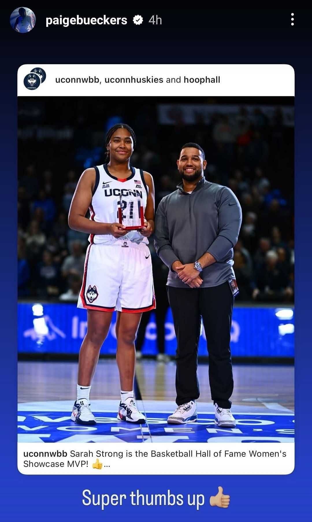 Paige Bueckers reacting to Sarah Strong winning award after game. (Instagram)