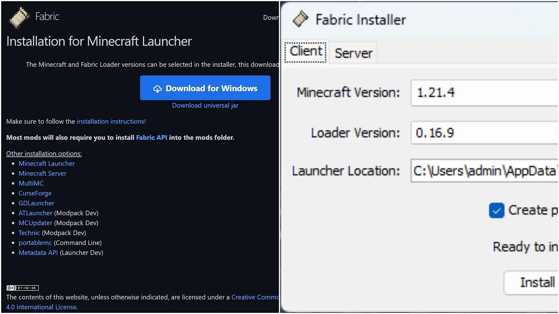 Download the latest Fabric installer from its official website (Image via Fabric || Mojang Studios)