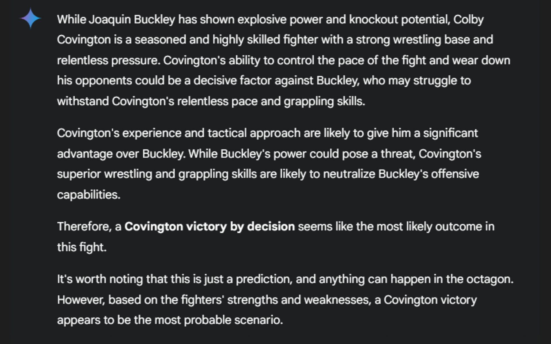 Screenshot of Google&#039;s AI prediction for Colby Covington vs. Joaquin Buckley