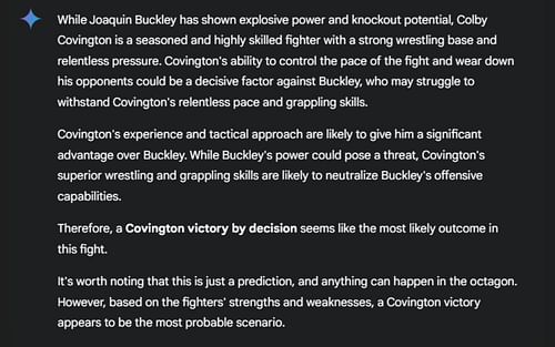 Screenshot of Google's AI prediction for Colby Covington vs. Joaquin Buckley