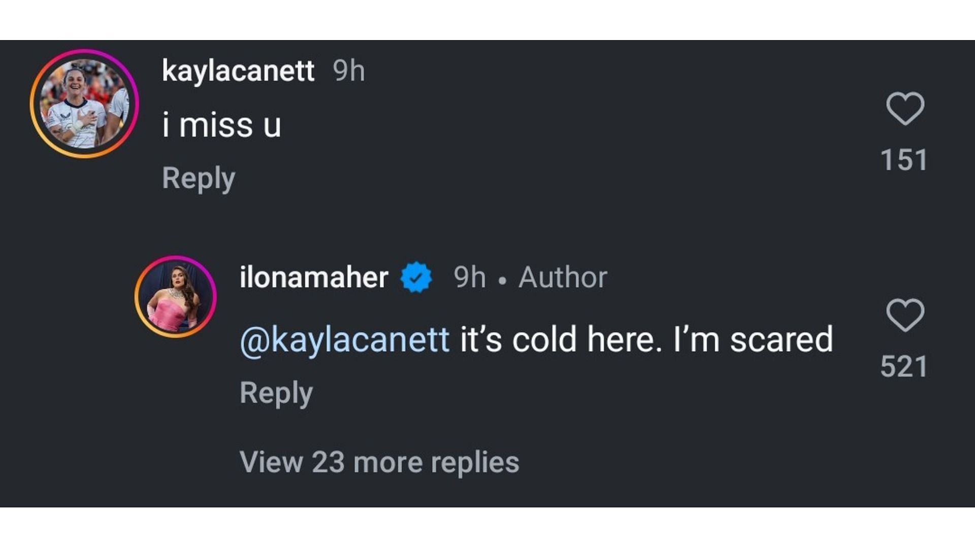 Screenshot of Maher and Canett&#039;s conversation (via: Maher&#039;s Instagram handle @ilonamaher)