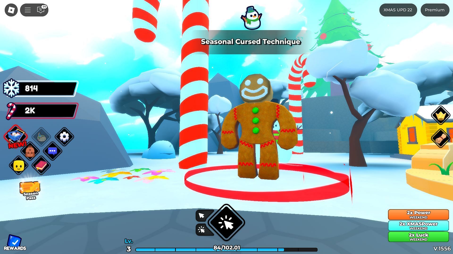 Use the Snowman currency at the Seasonal Cursed Technique gacha area (Image via Roblox)