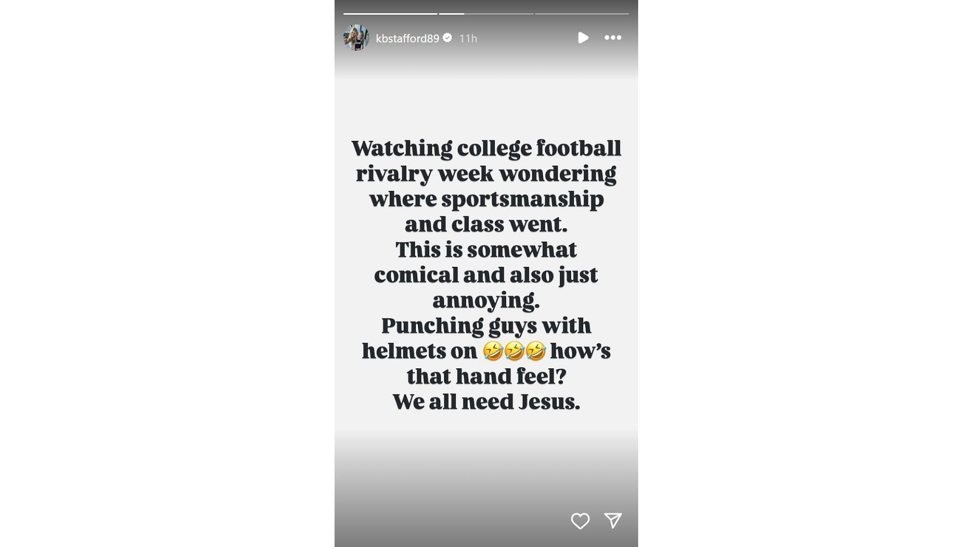 Matthew Stafford&#039;s wife Kelly shares opinion on viral CFB punch during Notre Dame-LSU game [Image credit: @kbstafford89 IG]