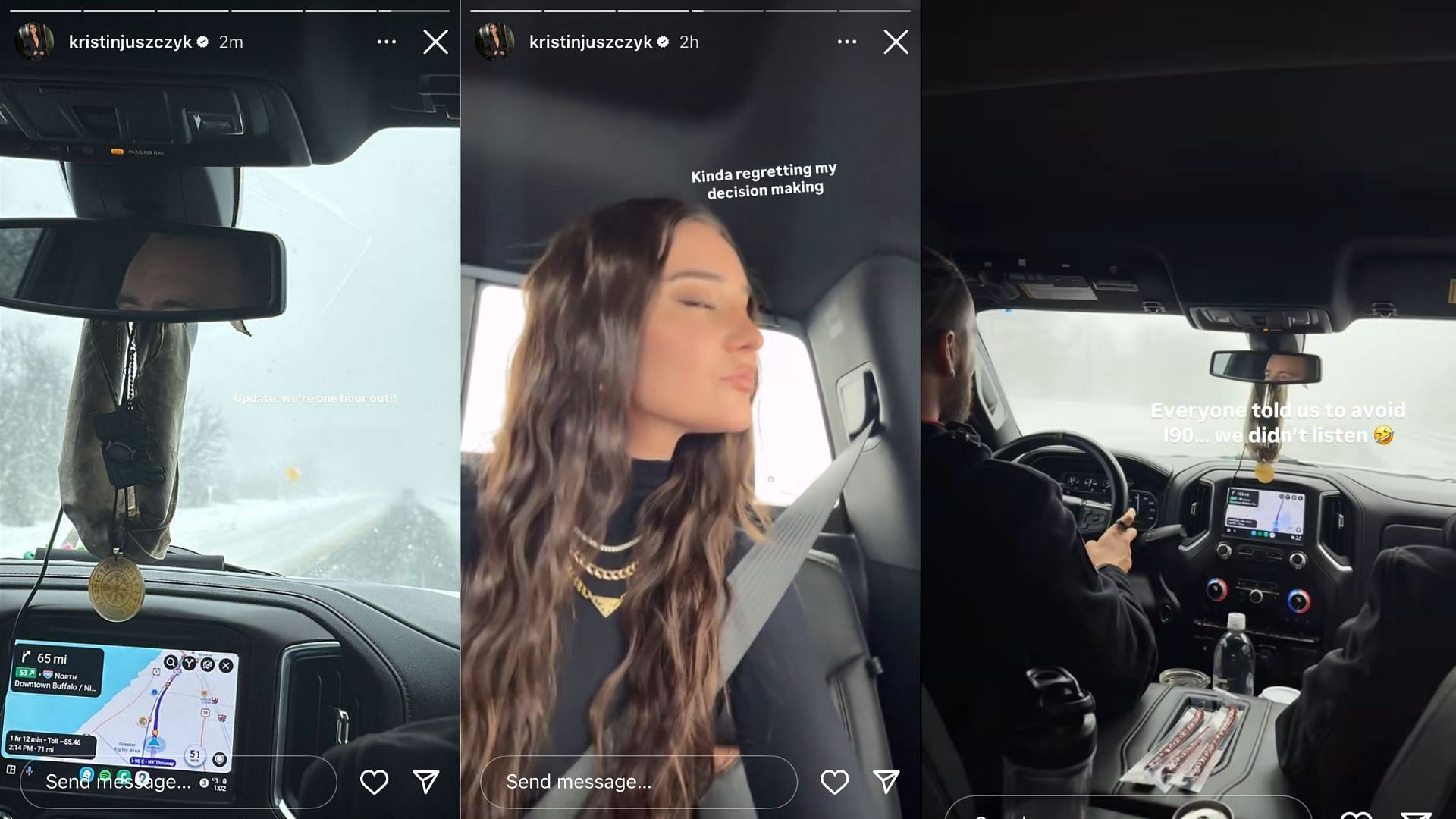 Kyle Juszczyk&#039;s wife Kristin is encountering severe weather on her way to Buffalo. (Photos via Instagram)