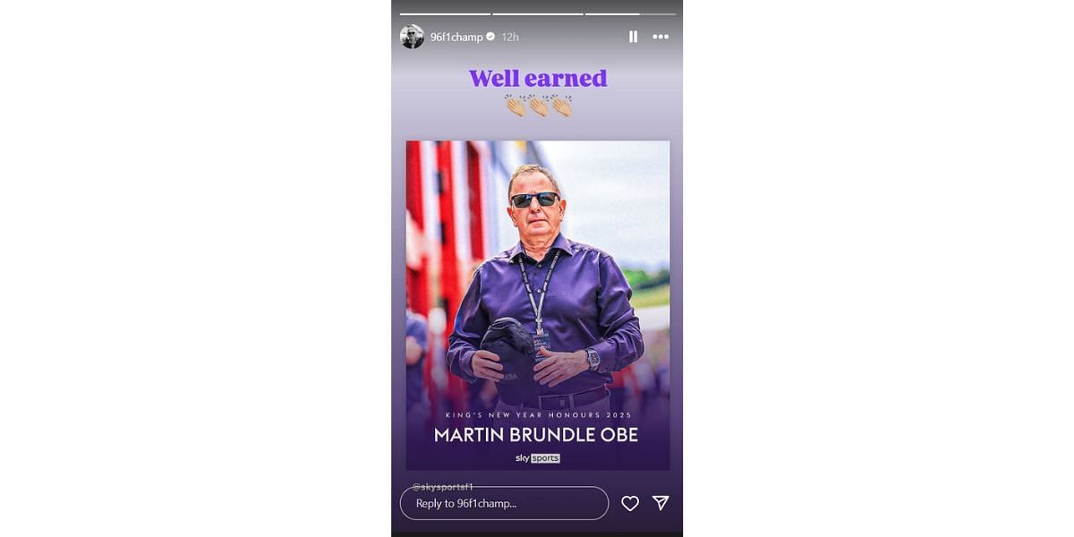 Screengrab of Damon Hill&#039;s Instagram story featuring news of Michael Schumacher&#039;s former teammate Martin Brundle&#039;s award (@96f1champ)