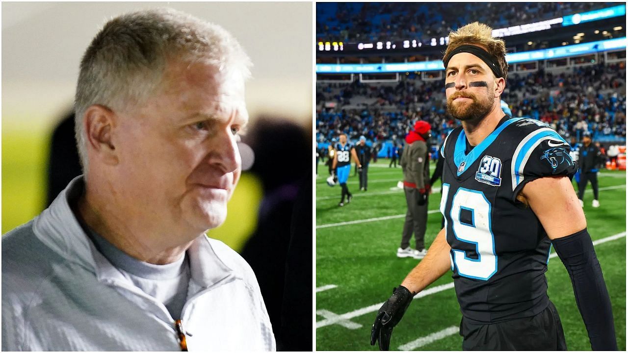 Former NASCAR driver Jeff Burton(L); Adam Thielen (R) #19 of the Carolina Panthers look on after losing against the Tampa Bay Buccaneers at Bank of America Stadium on December 1, 2024 (Getty)