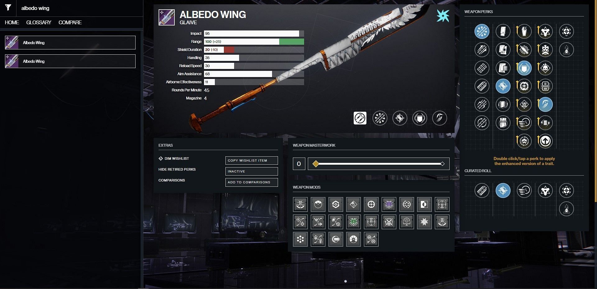 Albedo Wing PvP god roll (Image via Bungie/D2Gunsmith)