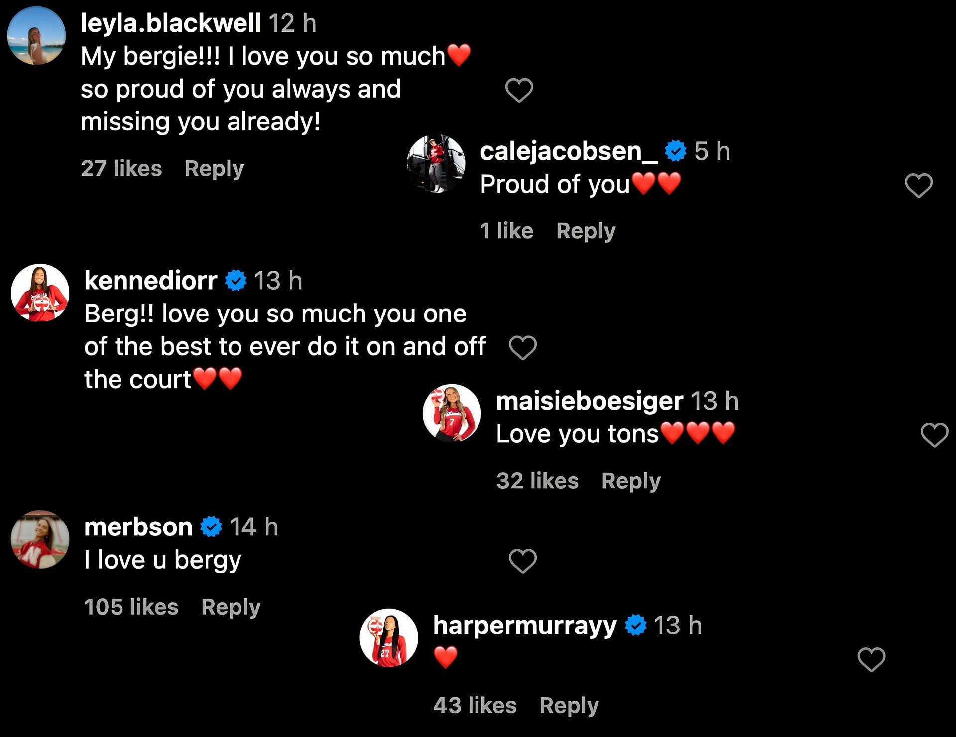 Screenshot of athletes&#039; comments on Bergen Reilly&#039;s post/ Source: Instagram @bergenreilly