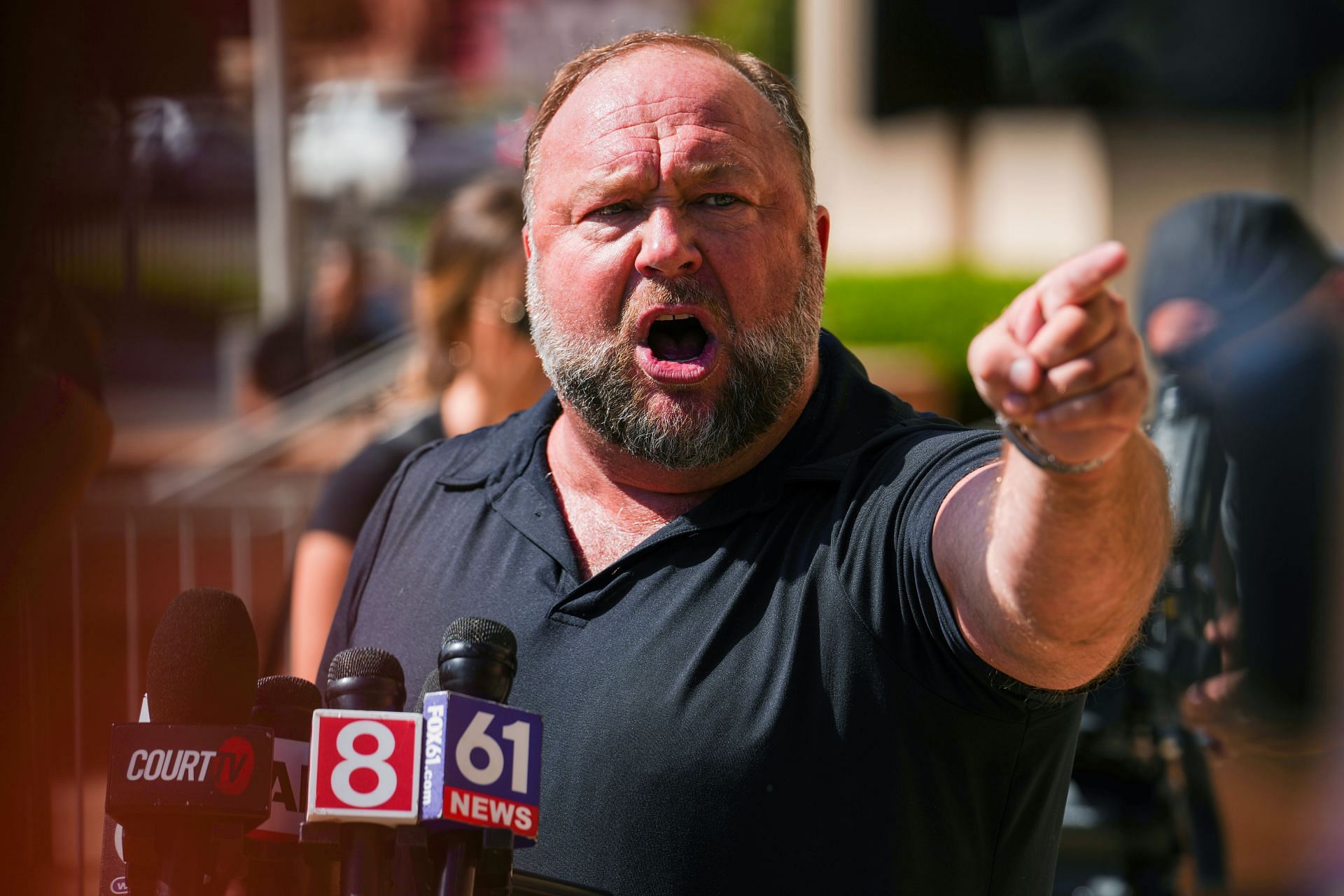 Alex Jones Speaks To The Media Outside The Sandy Hook Trial In Waterbury, Connecticut - Source: Getty