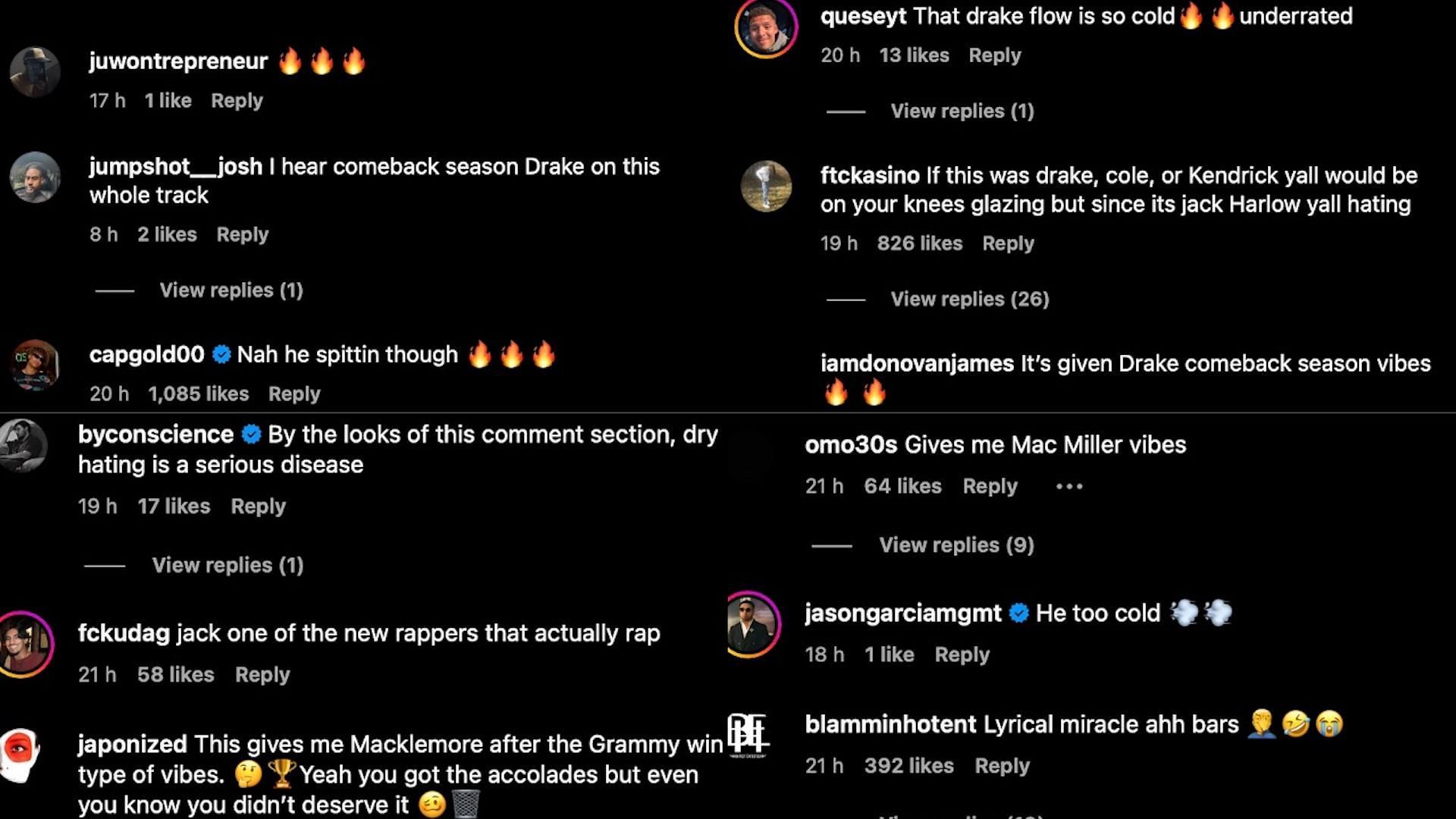 Screenshot of comments under DJ Akademiks repost of Jack Harlow&#039;s new song &#039;Tranquility&#039; (Image via Instagram/@akademiks)