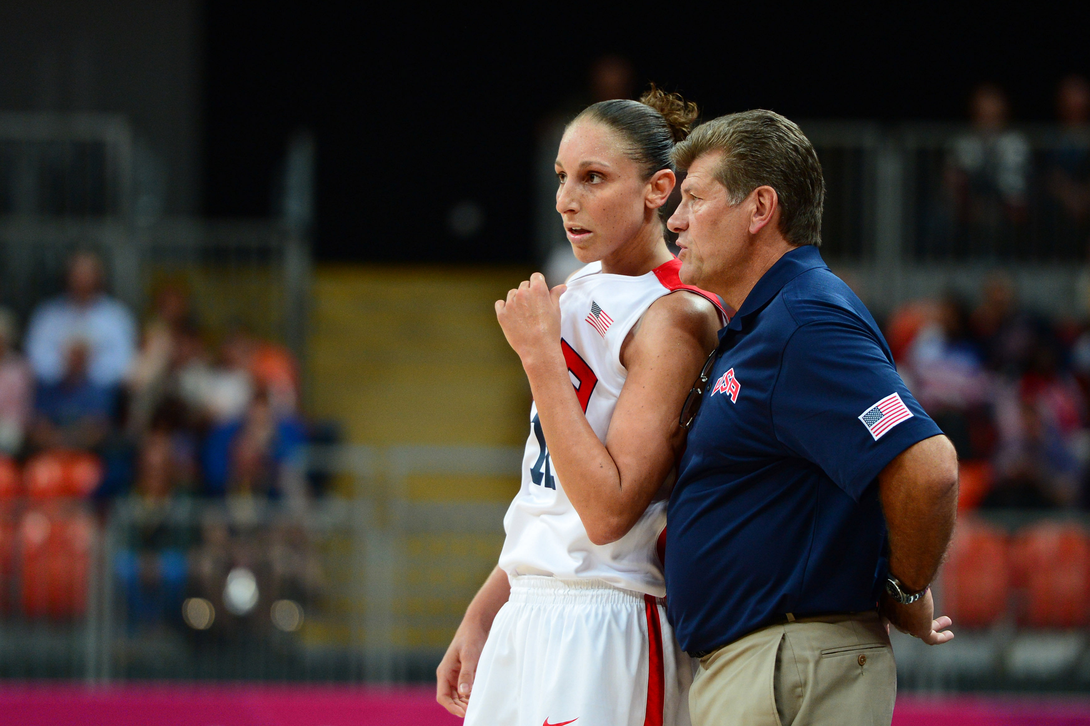 USA guard Diana Taurasi (#12) talks to head coach Geno Auriemma (right) during their game against Turkey at the London 2012 Olympic Games. Photo: Imagn