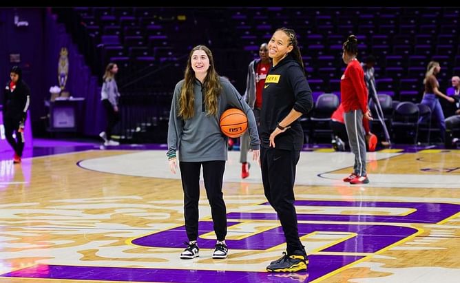 Kim Mulkey’s assistant coach Seimone Augustus gives a shoutout to “D2 Caitlin Clark” of the LSU team