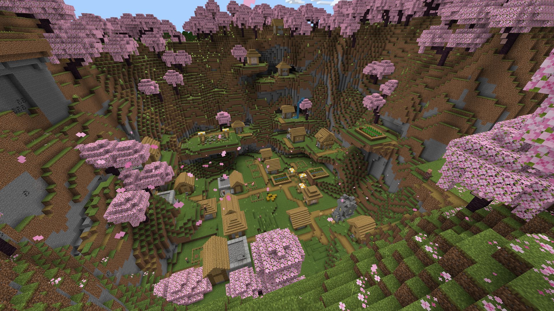 The stunning location, paired with the large hills, easily ranks this among the best Minecraft Bedrock blacksmith seeds (Image via Mojang Studios)