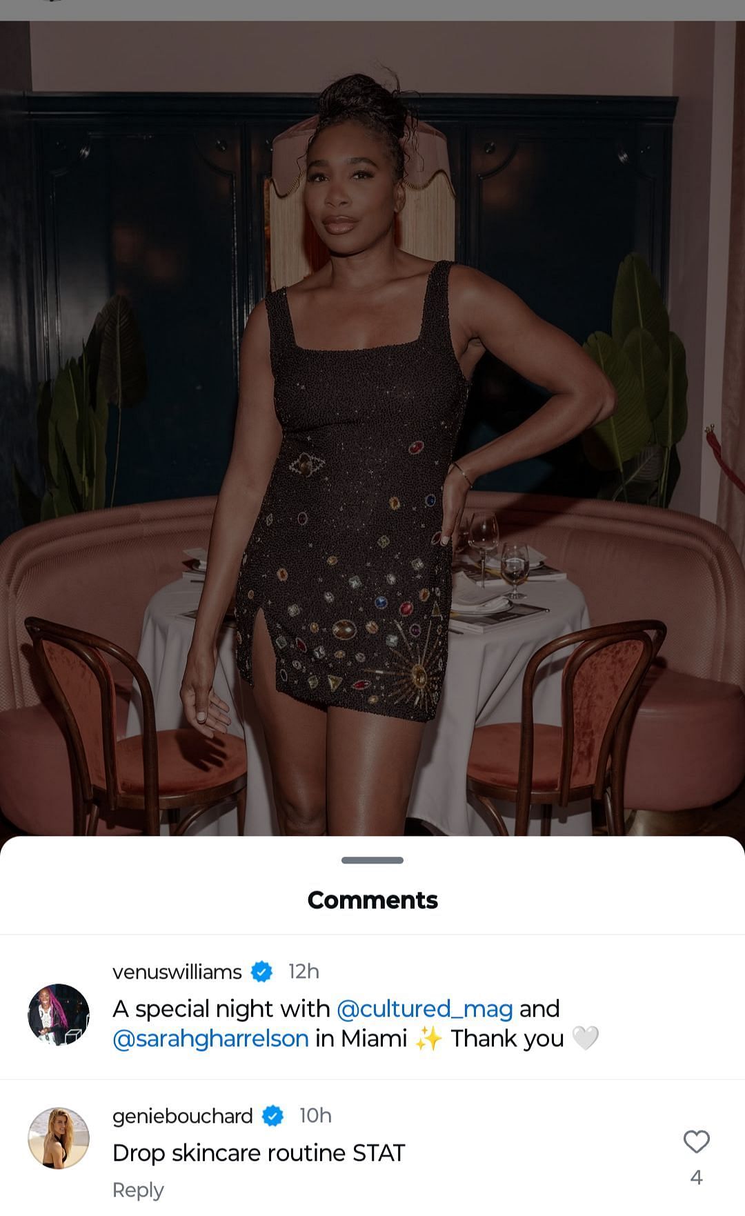 Eugenie Bouchard commented on Venus Williams&#039; recent Instagram post