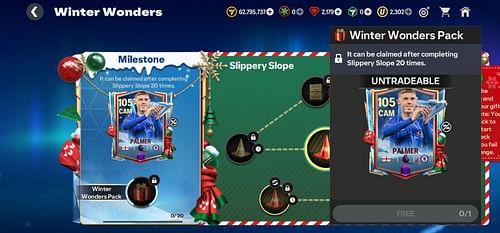 105 OVR Purple Ranked Cole Palmer card can be achieved from the EA FC Mobile Winter Wonders Slippery Slope Challenge (Image via EA Sports)