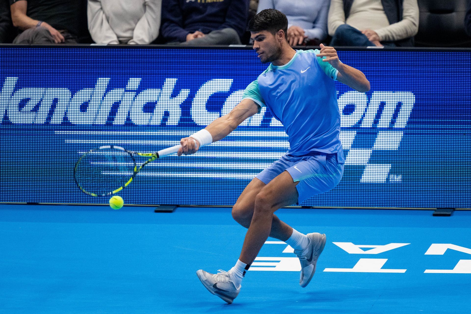 Carlos Alcaraz during his Charlotte Invitational 2024 match against Frances Tiafoe - Source: Getty