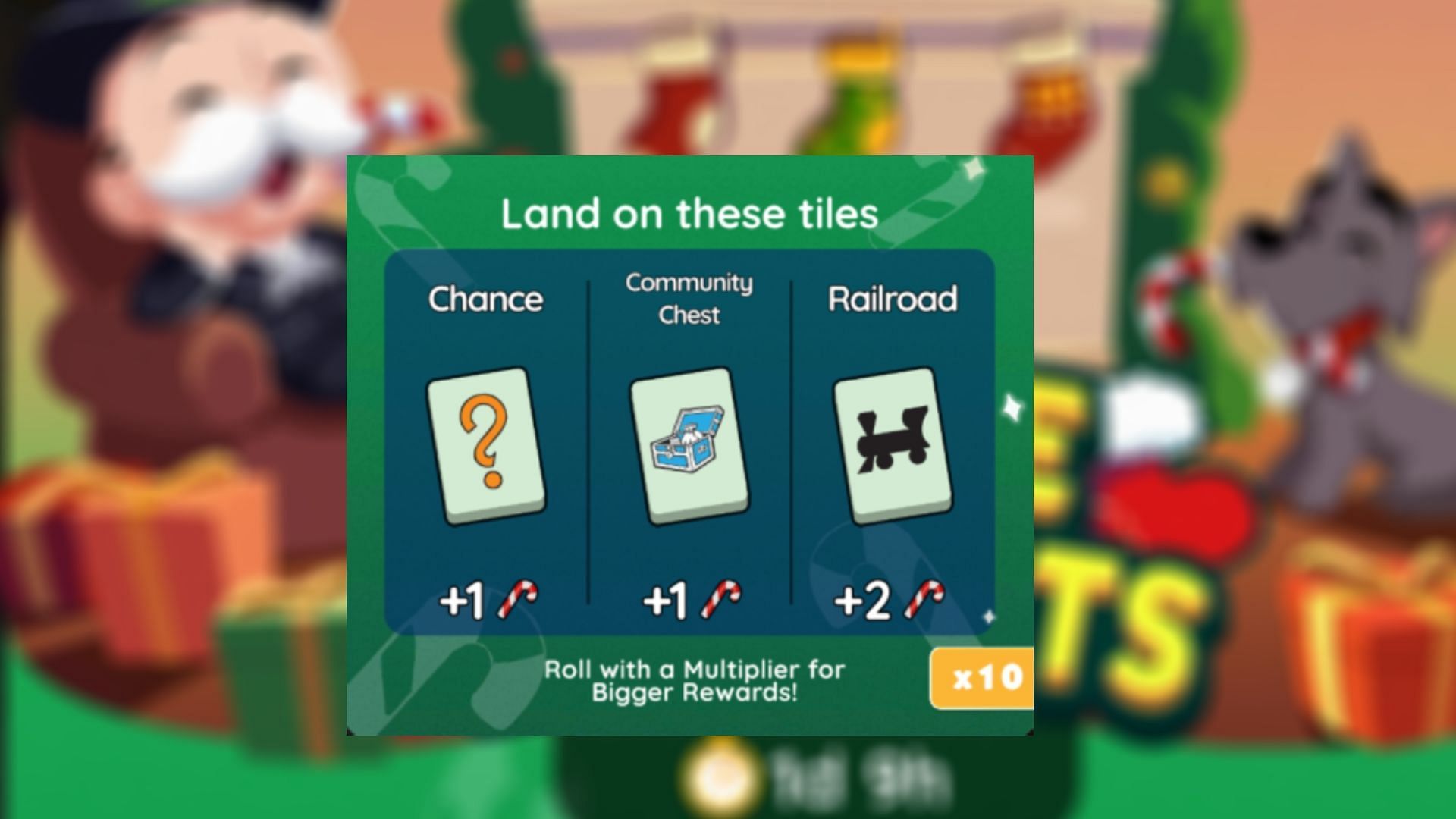 Land on Chance, Community Chest, and Railroad tiles to earn points (Image via Scopely)