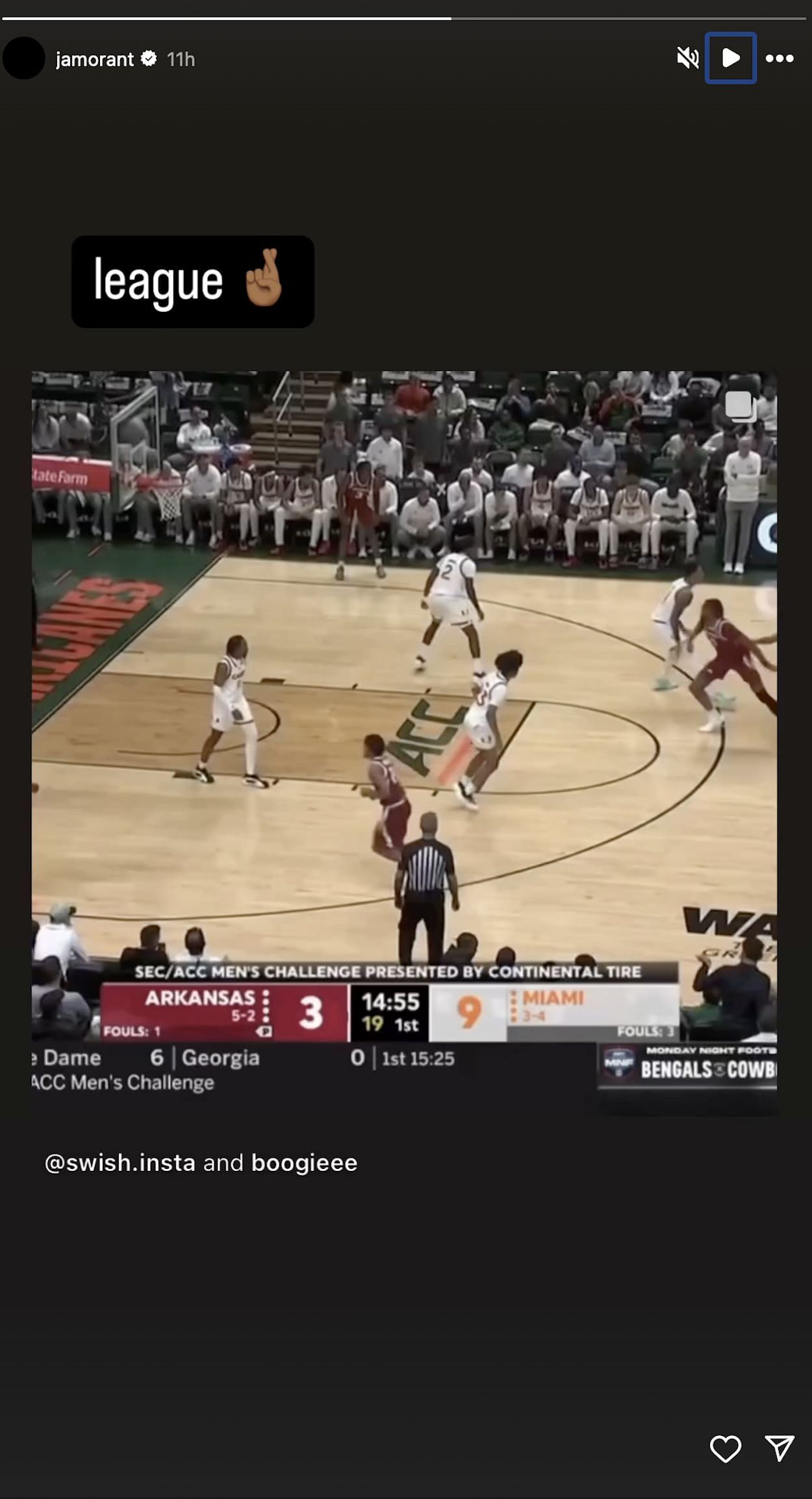 Ja Morant reacted to Boogie Fland&rsquo;s clutch show vs. Miami (Credits: IG/ @JaMorant)