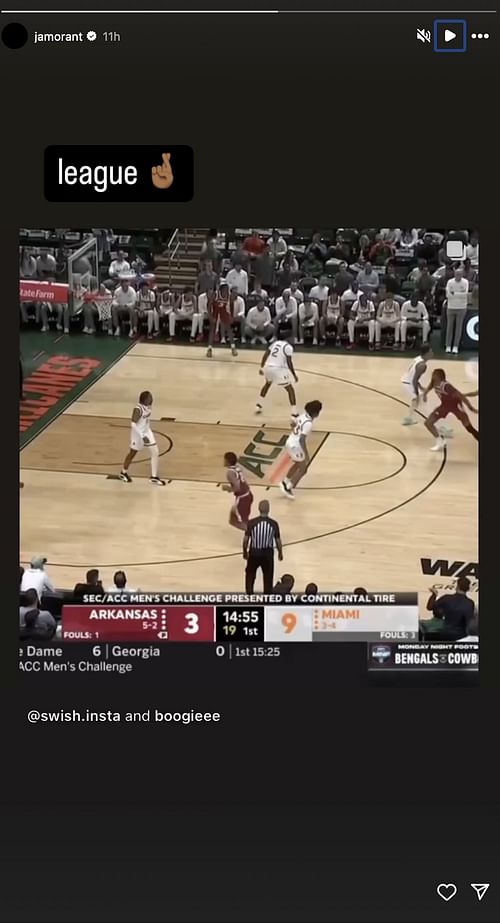 Ja Morant reacted to Boogie Fland’s clutch show vs. Miami (Credits: IG/ @JaMorant)