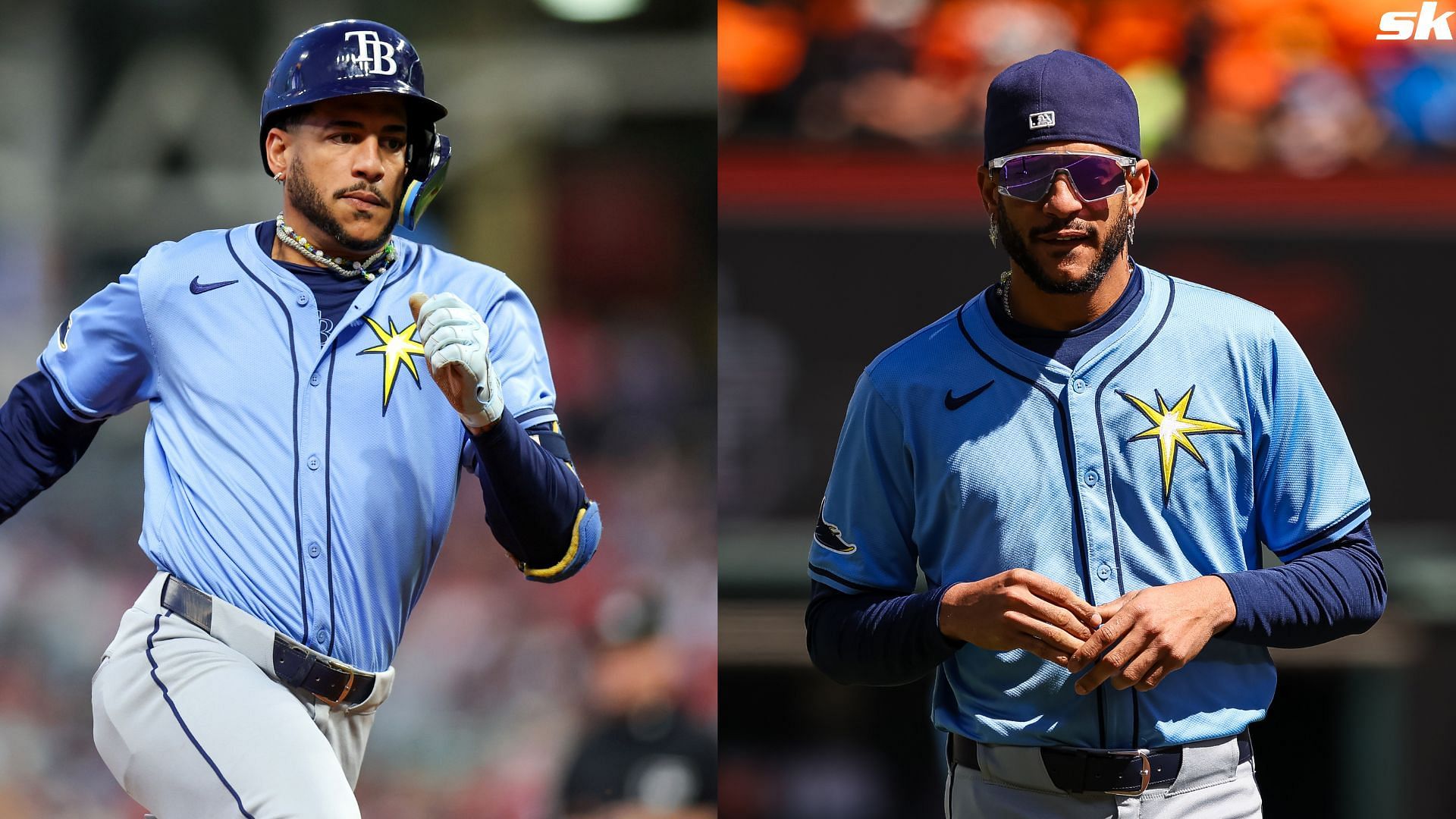 Former Tampa Bay Rays center fielder Jose Siri digs for third base after hitting a triple during a game against the Cleveland Guardians at Progressive Field (Source: Getty)