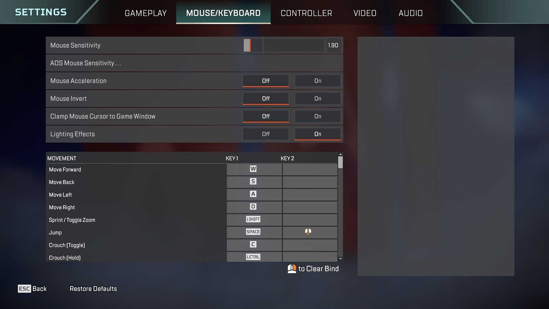 Apex Legends mouse sensitivity tab (Image via EA)