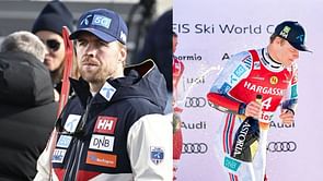 Mikaela Shiffrin's fiancé Aleksander Kilde reacts to compatriot Fredrik Moeller's Super-G victory in Italy