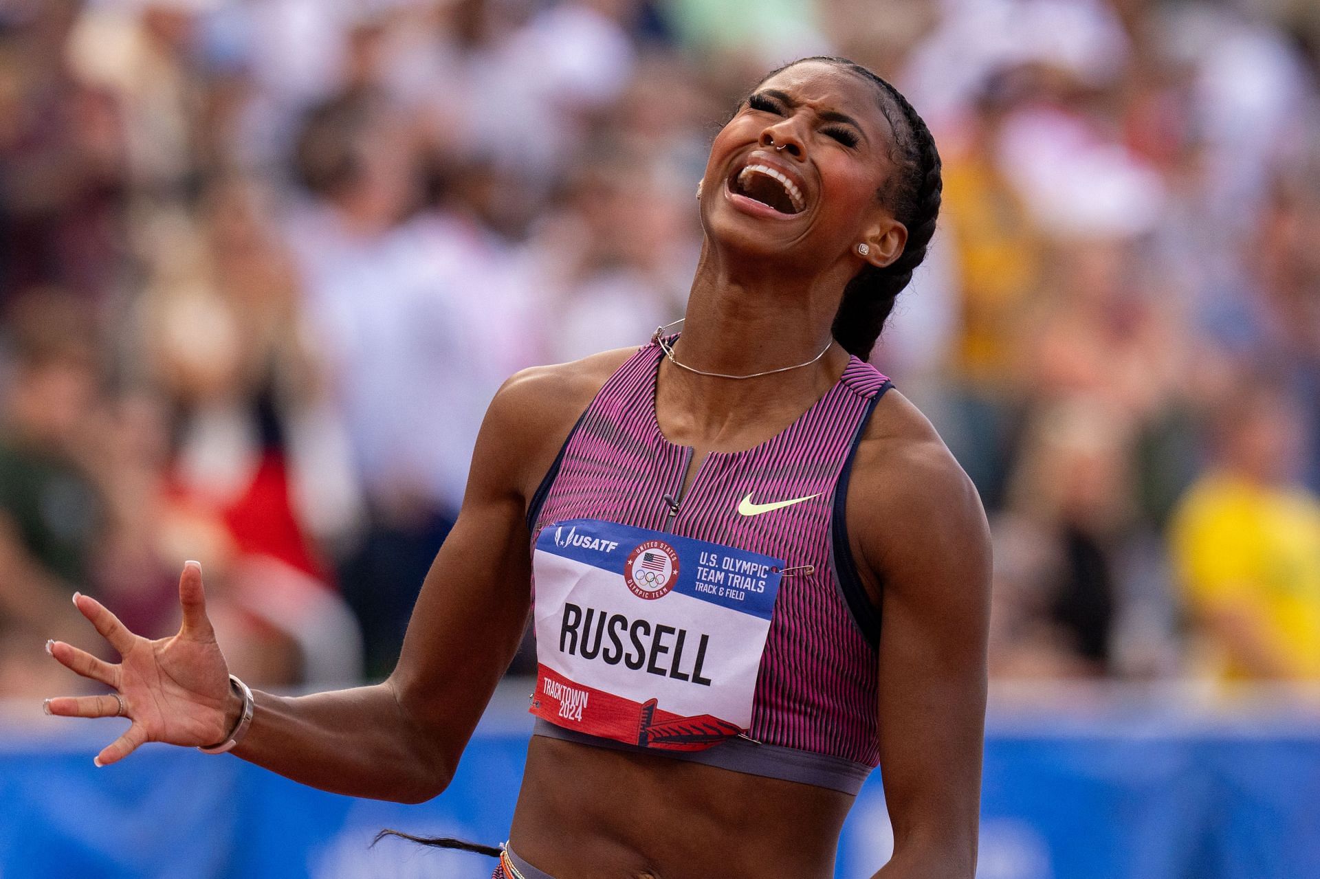 Russell shares an emotional reaction after winning the 100m hurdles event at the US Track and field trials (Image via: Getty Images)