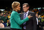 Jan 13, 2014; Waco, TX, USA; Geno Auriemma and Kim Mulkey speak before the game between the Connecticut Huskies and the Baylor Bears at the Ferrell Center on Jan. 13, 2014 (Credits: IMAGN)
