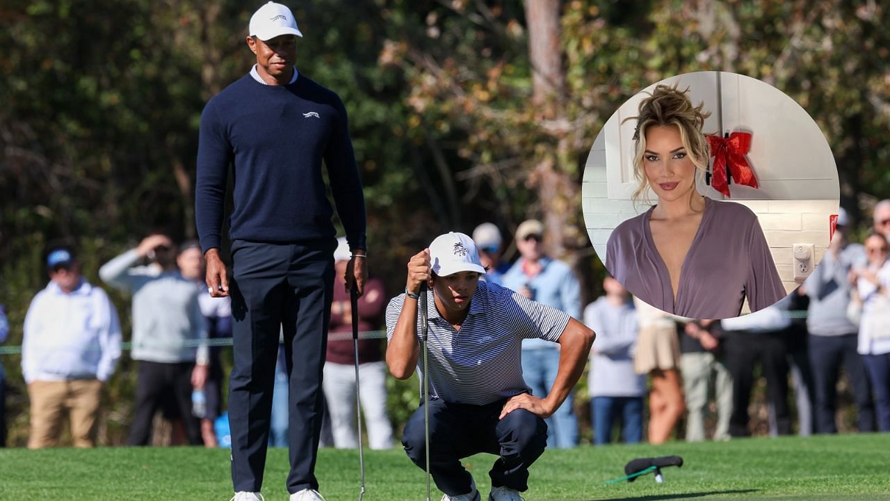 Tiger and Charlie Woods at PNC Chanpionship; Paige Spiranac in Circle - Image source: IMAGN; @paigespiranac on X