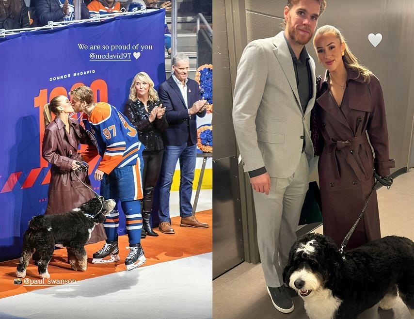 Connor McDavid celebrates 1,000 career NHL points with family and dog Lenny at Rogers Place (via Instagram/@laurenkyle1)