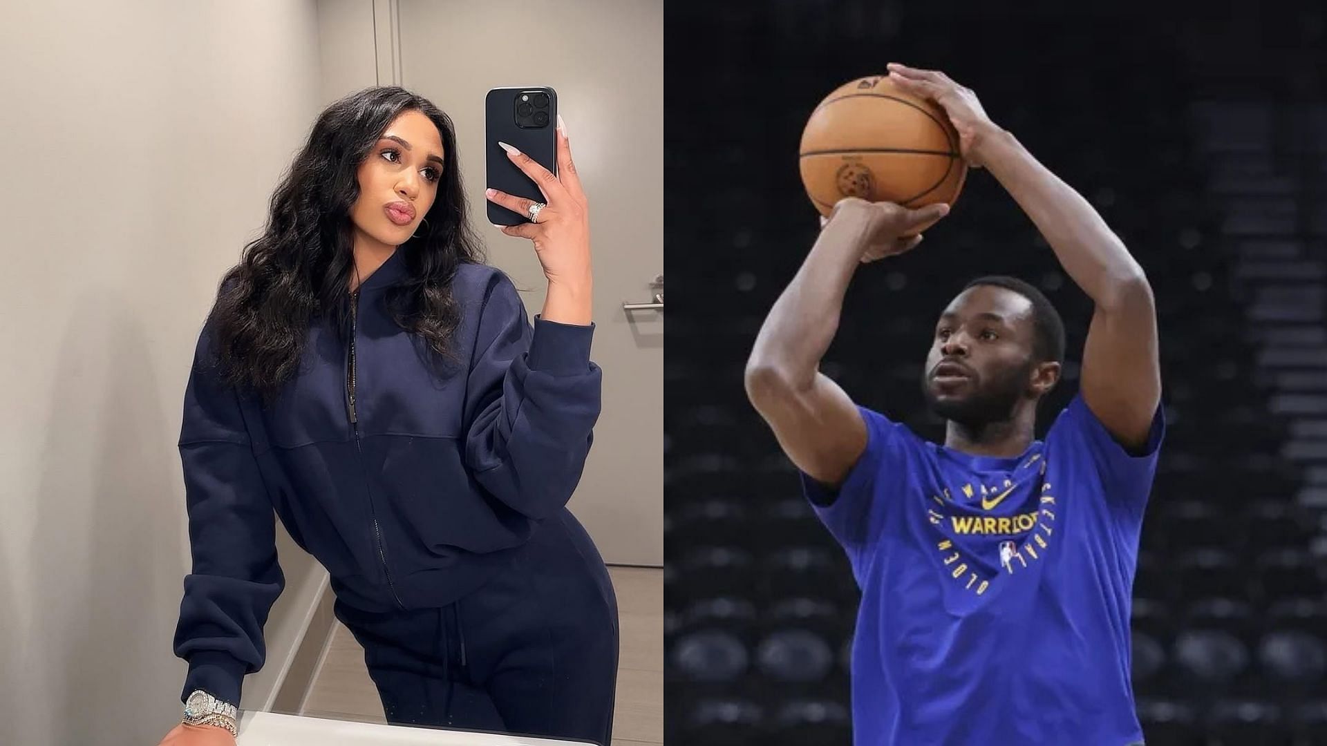 Mychal Johnson poses for a pic on social media, Andrew Wiggins of the Golden State Warriors takes a shot before a game. Photo Credit: Mychal Johnson&#039;s IG account, Imagn