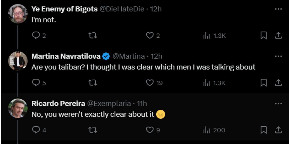 Screengrab of one of the interactions from Martina Navratilova&#039;s post (x.com/Martina/status/1864002231550267531)