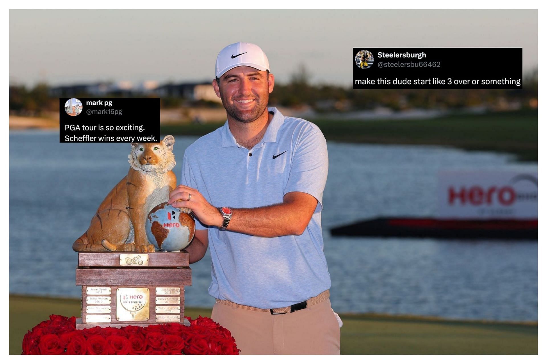 Scottie Scheffler poses with the trophy after winning the Hero World Challenge (Image via getty, x@steelersbu66462, x@mark16pg)