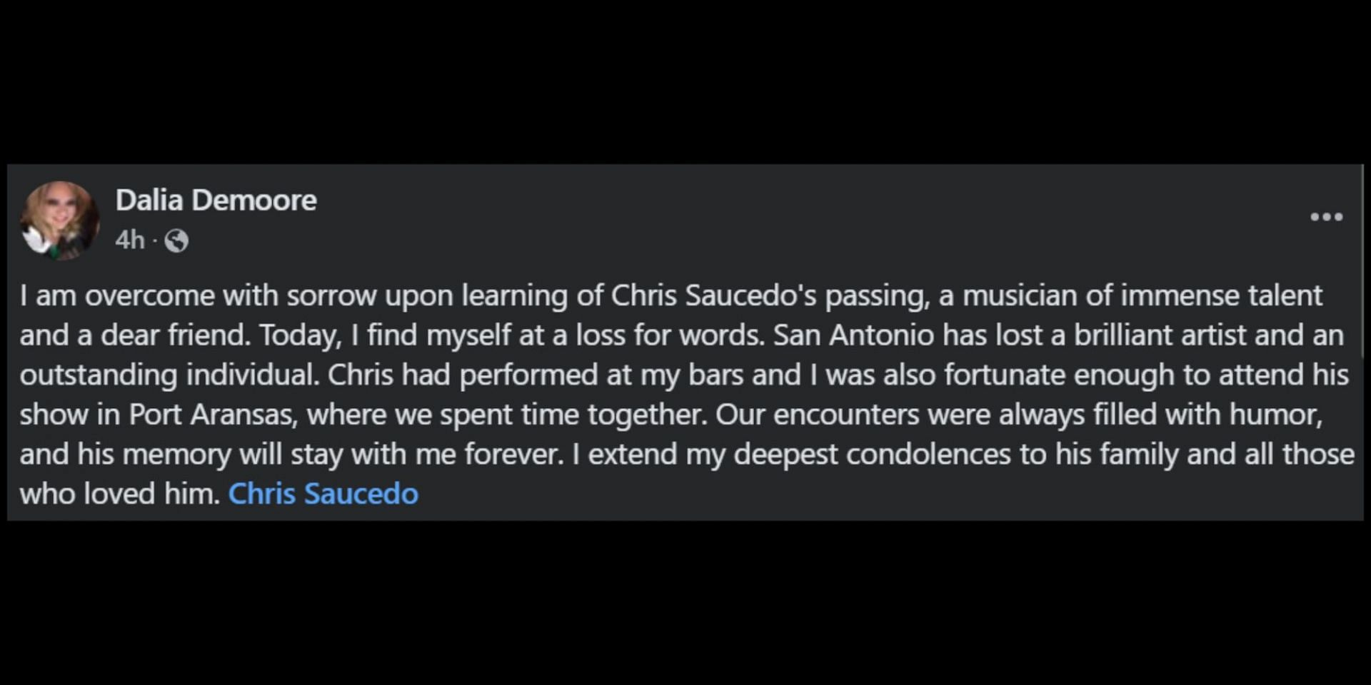 Tributes pour in after Saucedo&#039;s passing. (Image via Facebook/Dalia Demoore)