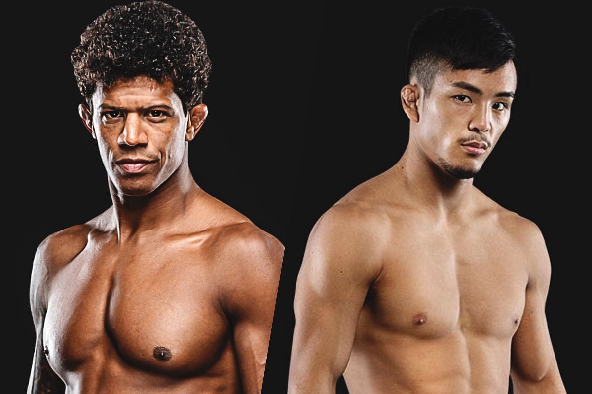 (From left) Adriano Moraes and Yuya Wakamatsu lock horns for the vacant flyweight gold. 