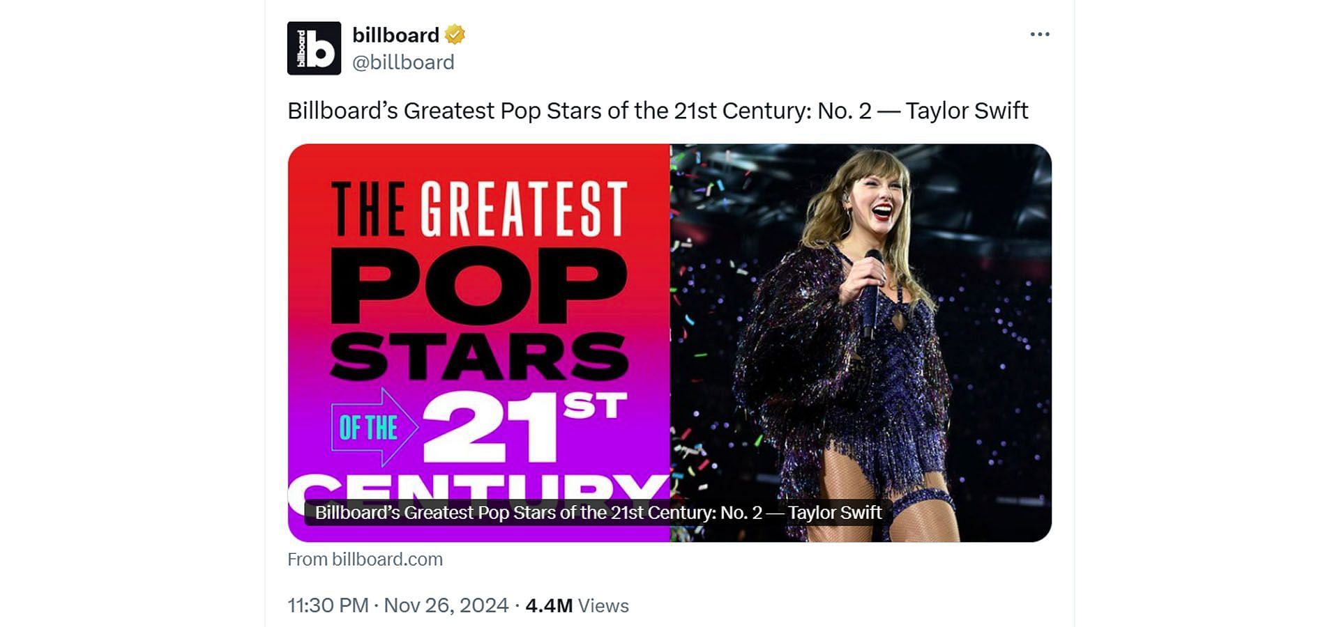 Billboard&#039;s post announcing Taylor Swift&#039;s rank (Image via X/ @billboard)