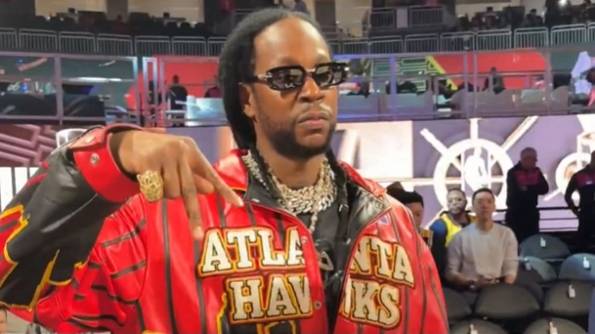 2 Chainz wearing custom Atlanta Hawks jacket (Image Source: @ATLHawks/X)