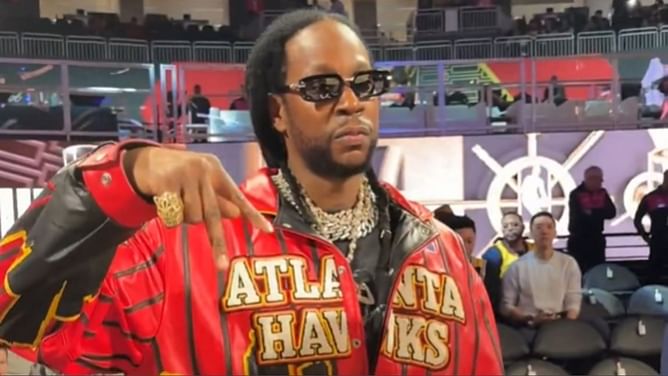 SPOTTED: Rapper 2 Chainz turns heads courtside in custom Atlanta jacket for Bucks vs Hawks NBA Cup game