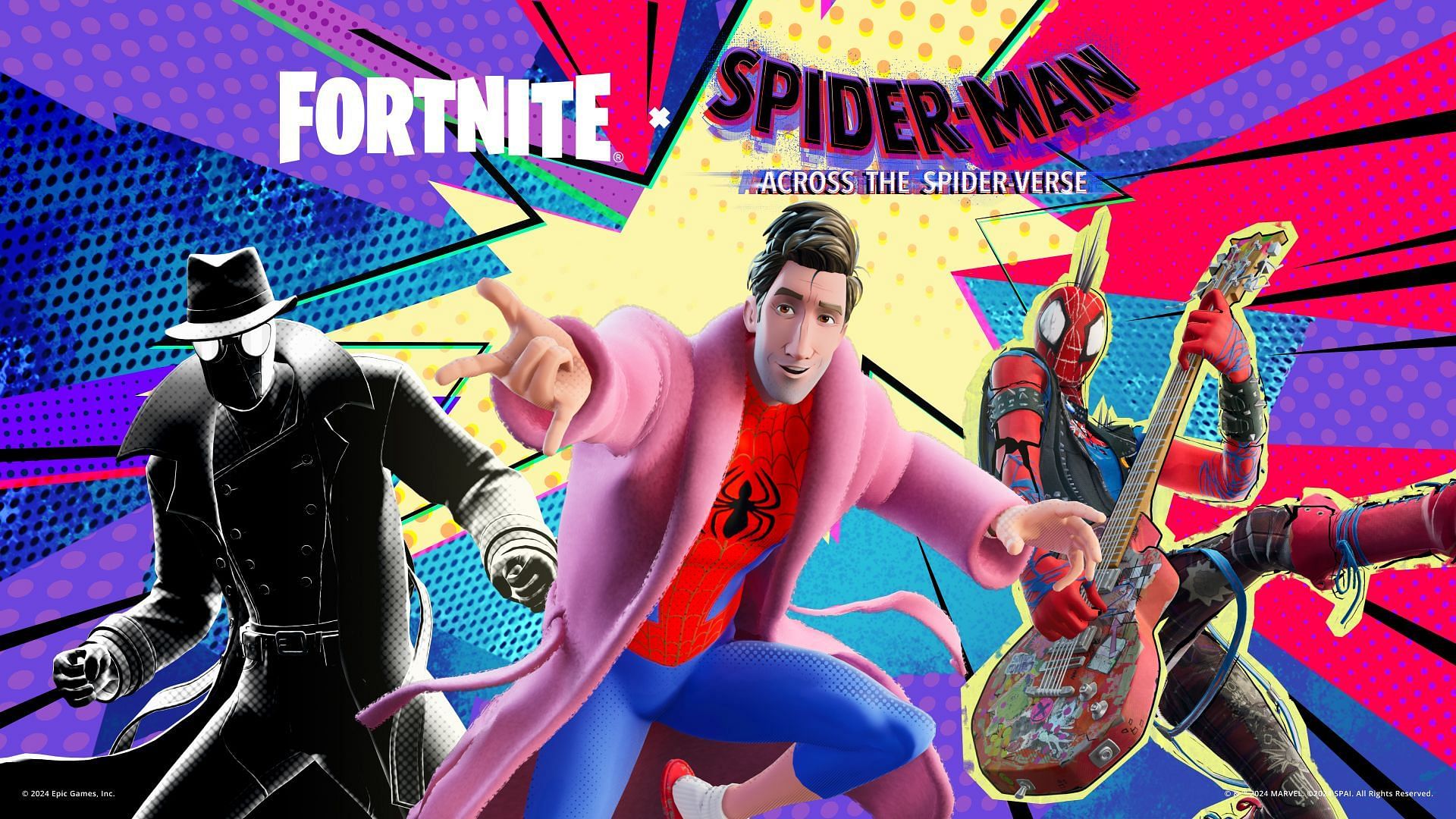 Spider-Punk, Spider-Man Noir, and Peter B. Parker skins are now in Fortnite (Image via Epic Games)