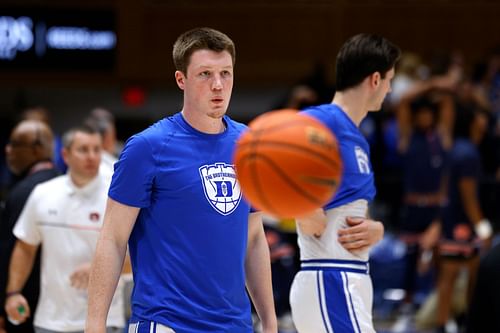 Kon Knueppel (#7) of the Duke Blue Devils warms up before their game against the Auburn Tigers at Cameron Indoor Stadium on December 4, 2024, in Durham, North Carolina. Photo: Getty