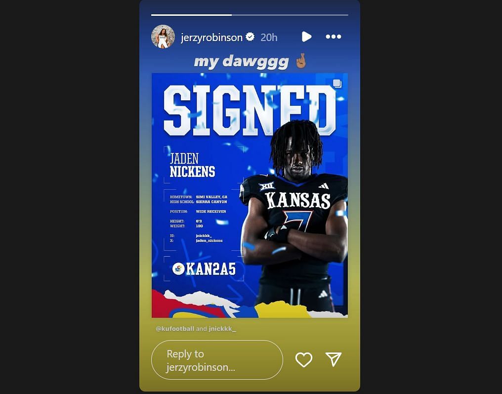 Jerzy Robinson reacts to Jaden Nickens&#039; Kansas commitment via Instagram/@jerzyrobinson