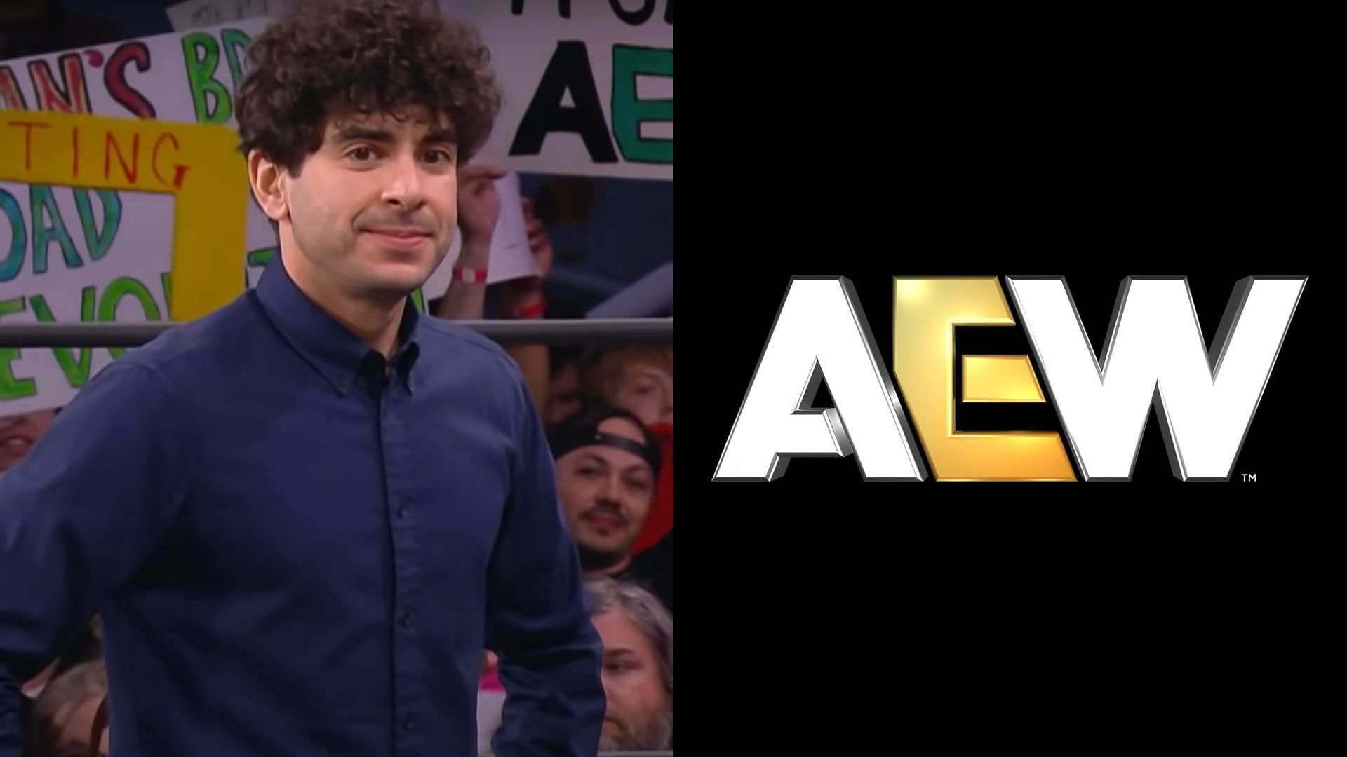 Tony Khan (left) and AEW logo (right). (Image credits: AEW YouTube channel &amp; AEW Facebook page)