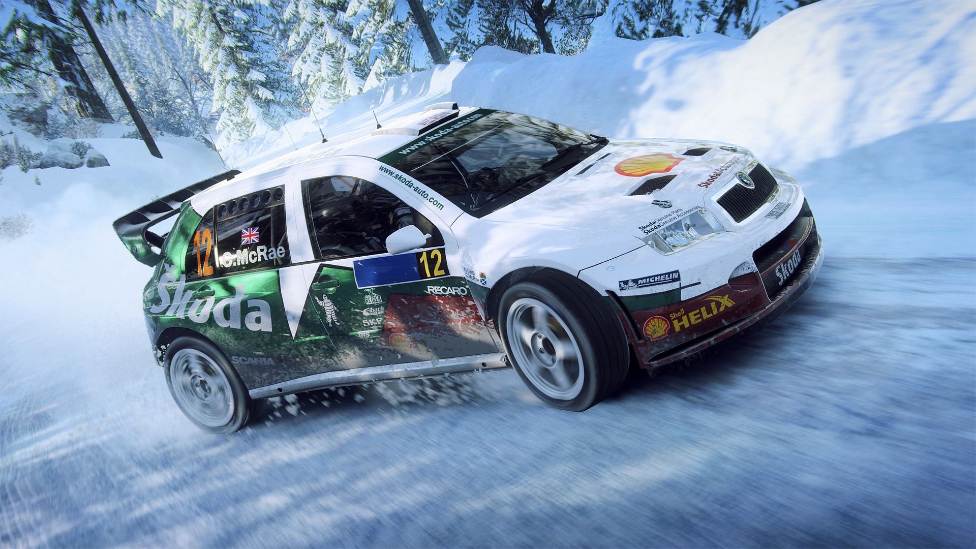 A car drifting on a snow surface in Dirt Rally 2.0 (Image via Codemasters/ EA/ Steam)