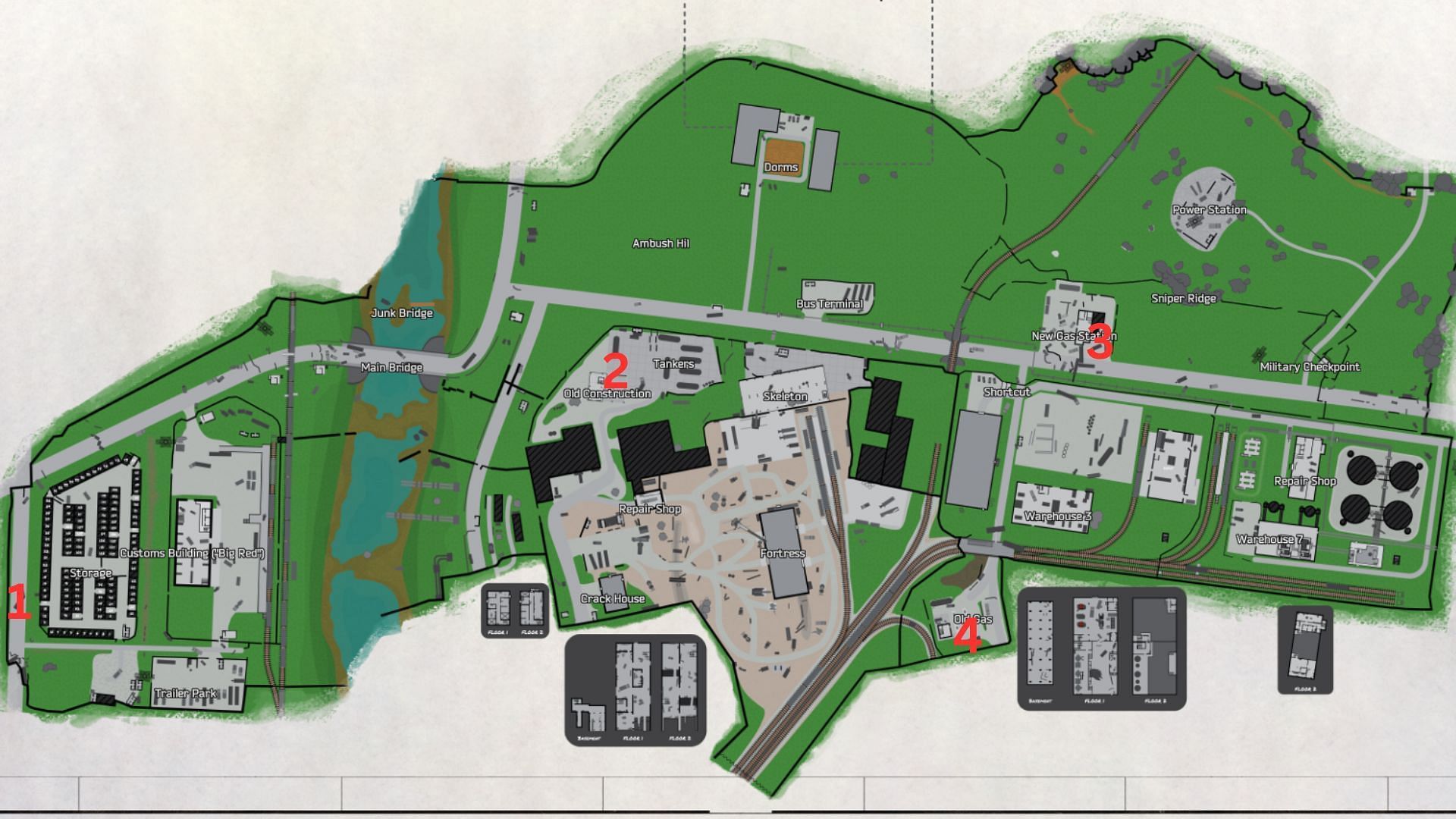 The fuel tank locations on Customs (Image via Battlestate Games II Map Genie)